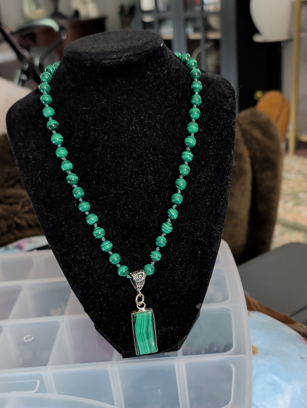 Hand Crafted Green Beaded Necklace with Striped Malachite Pendant